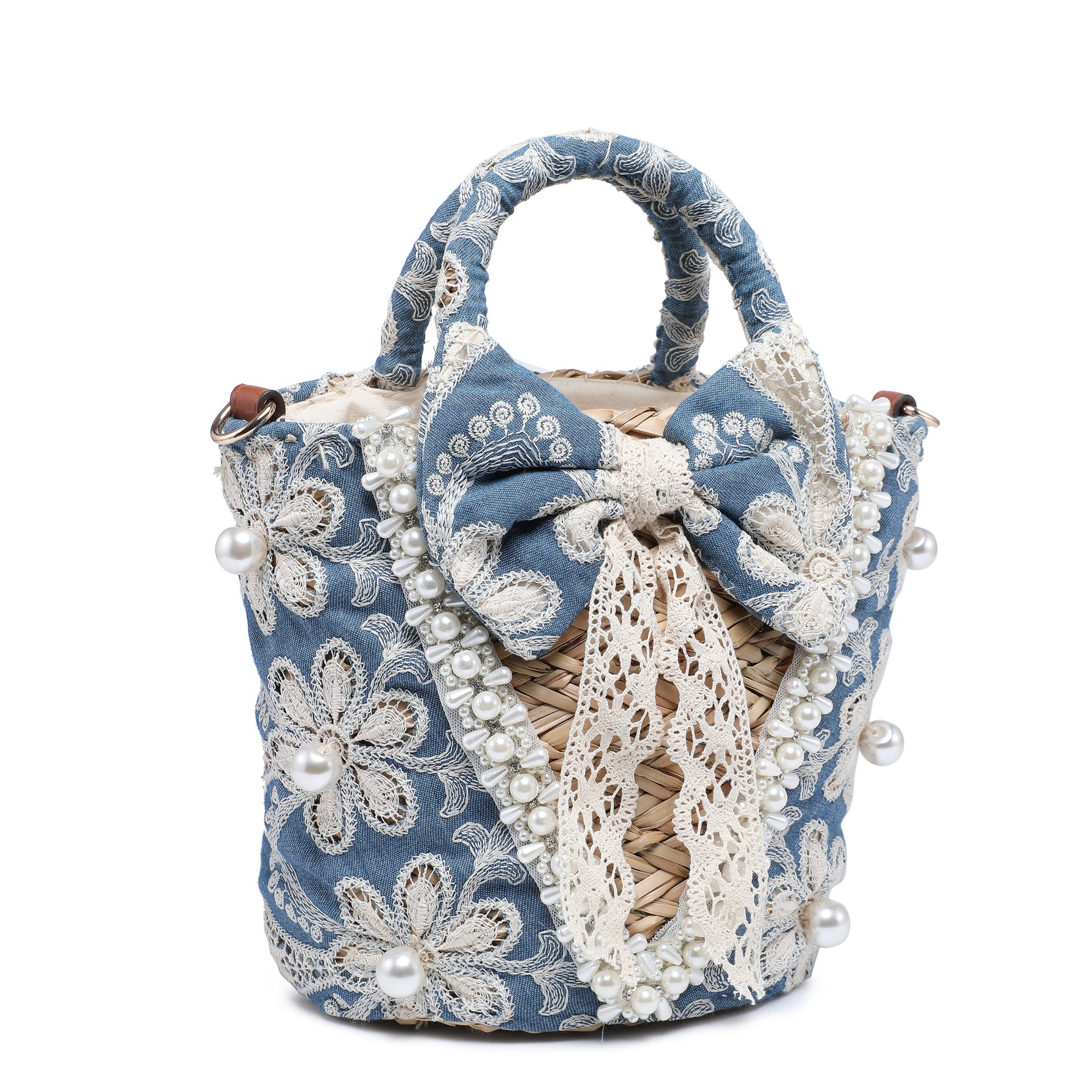 Borsa a Secchiello in Woven Straw Blu Jeans