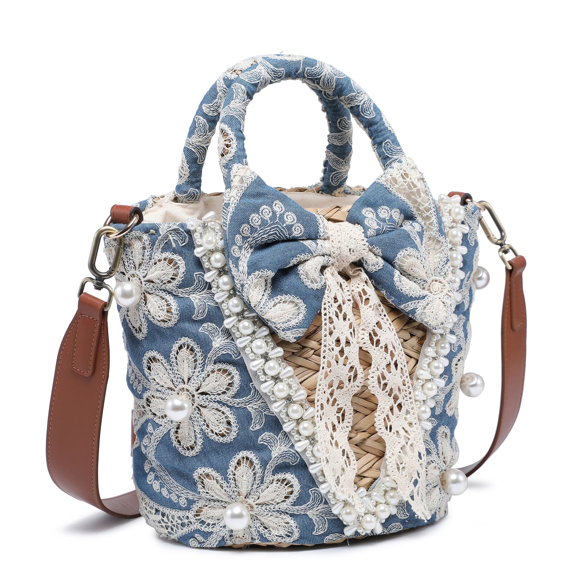 Borsa a Secchiello in Woven Straw Blu Jeans