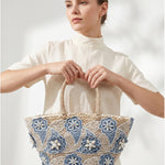 Borsa Shopper in Woven Straw Blu Jeans
