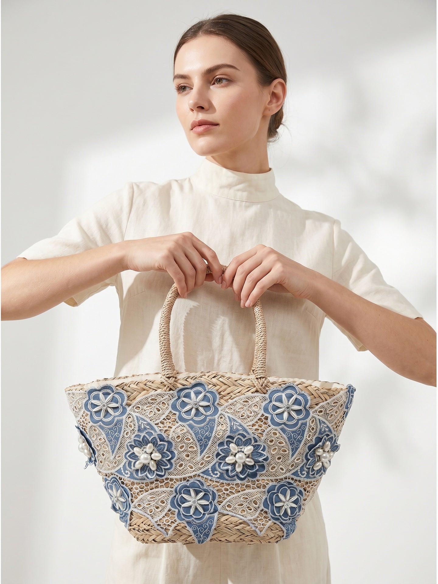 Borsa Shopper in Woven Straw Blu Jeans