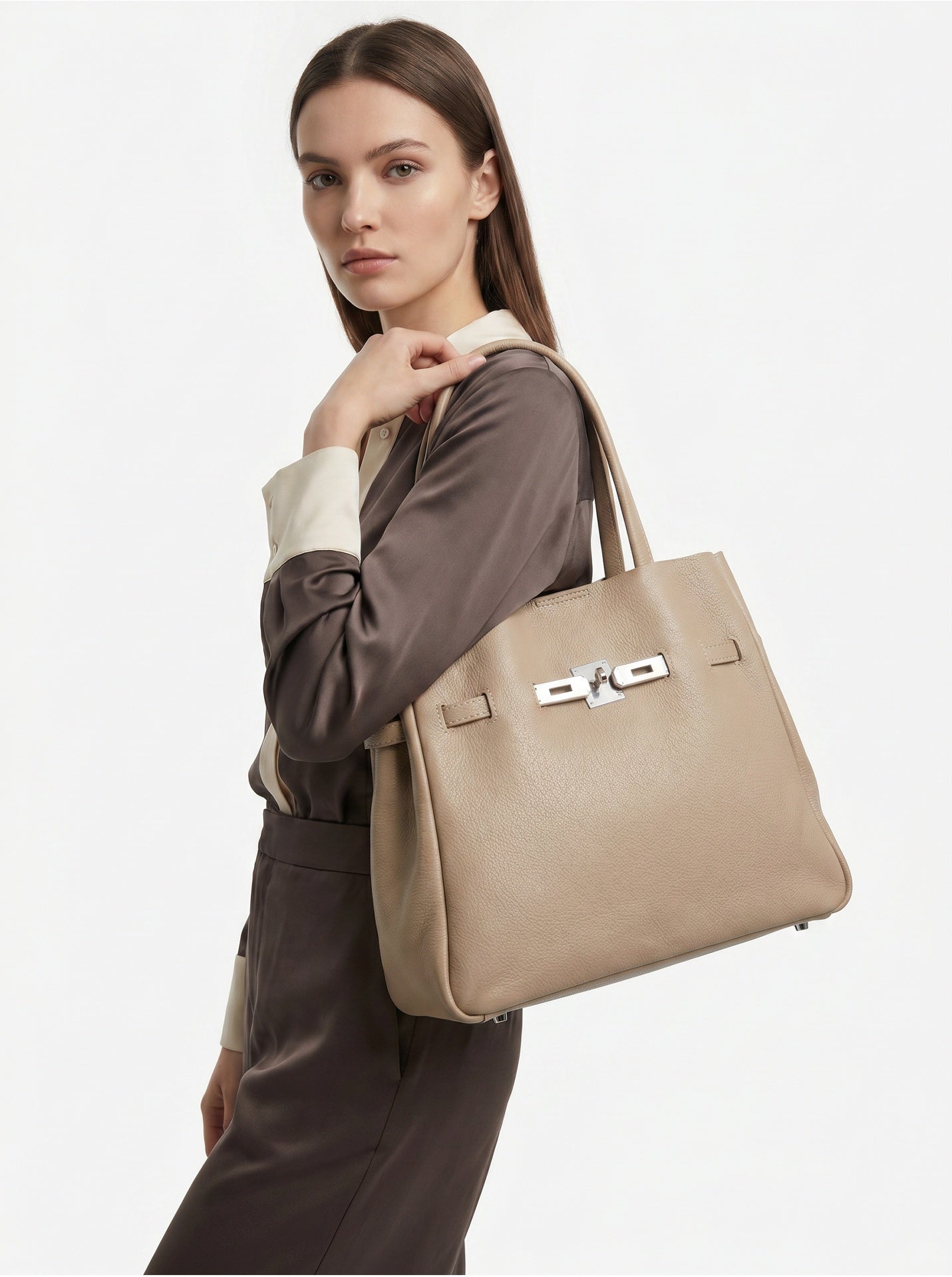 Borsa a Tracolla in Dollaro Leather Beige Scuro