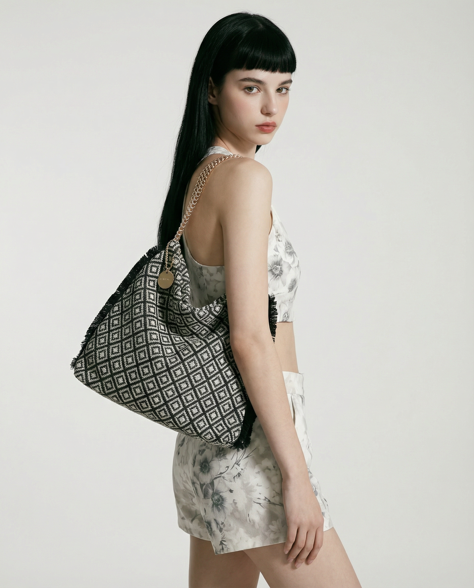 Borsa a Spalla in Poliestere Nero e Bianco Kassandra